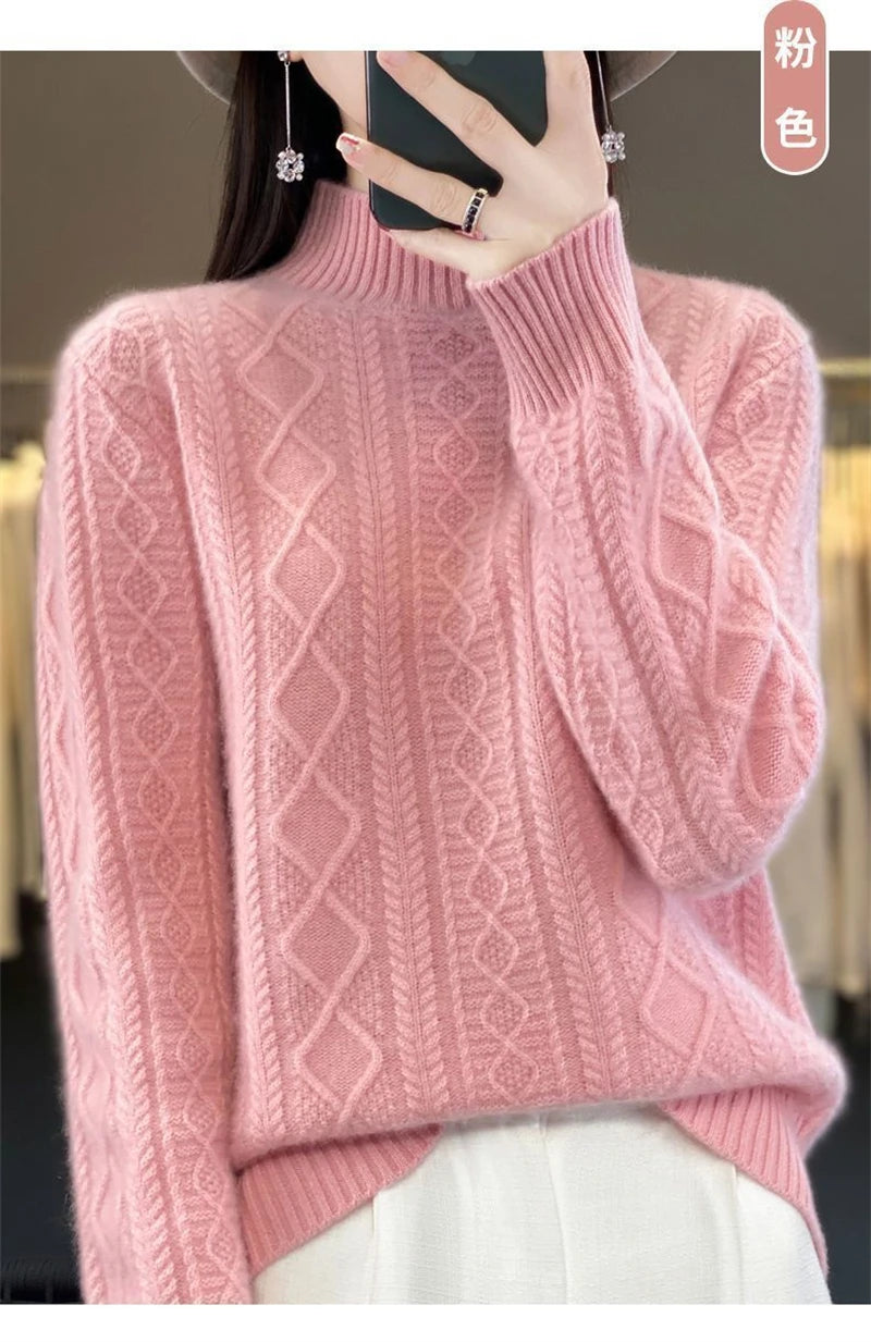 Korean Style Women’s Sweater – 100% Merino Wool Turtleneck Top