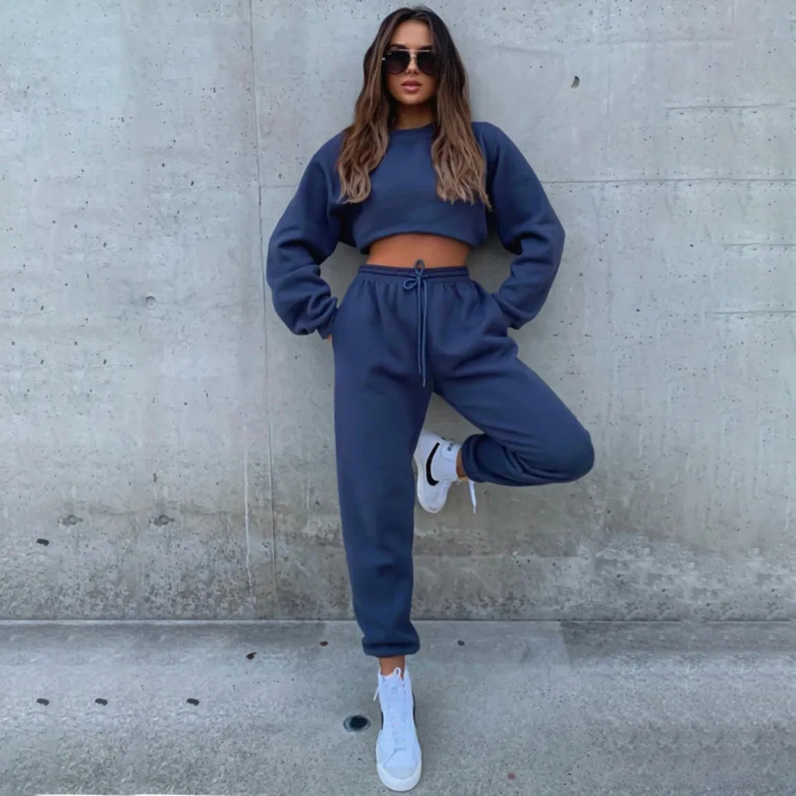 Fashion Women’s Tracksuit – Round Neck Hoodie with Lace-Up Pants