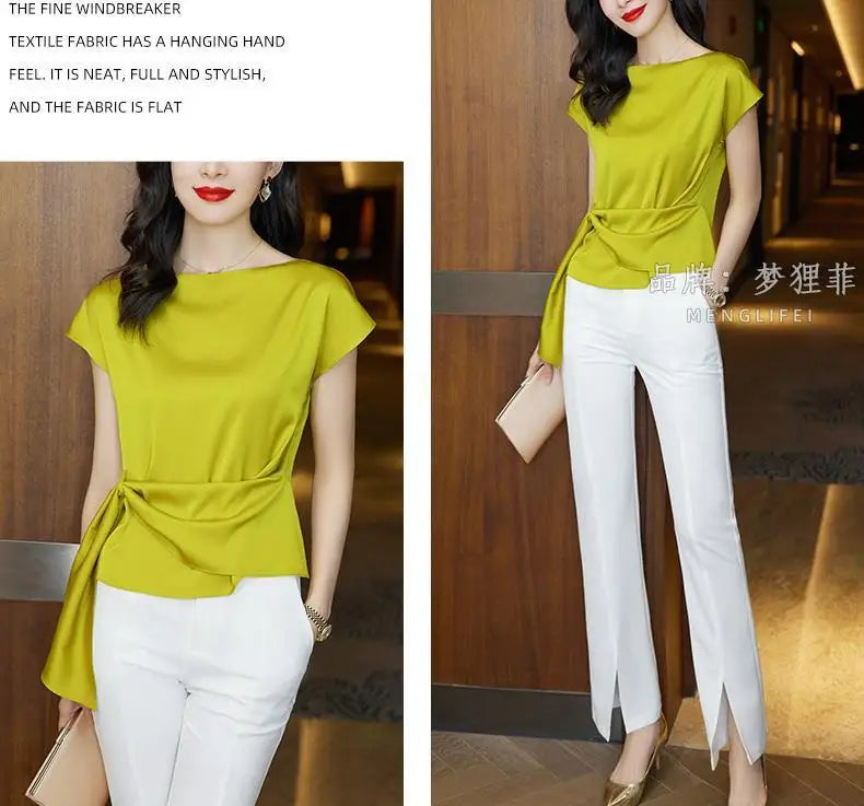Chic Summer Top – Women’s Short Sleeve Satin Chiffon Blouse