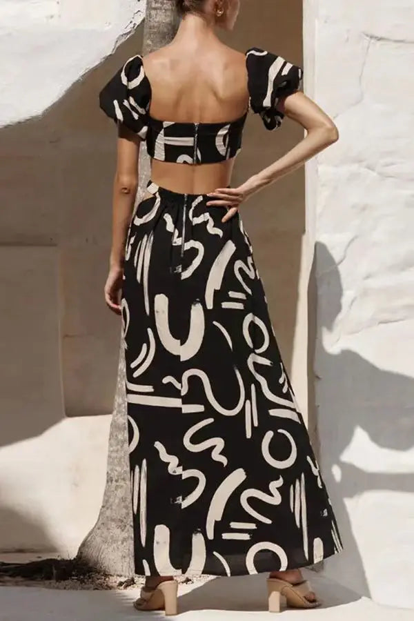 Elegant Women’s Set – Puff Sleeve Top & Hollow Waist Big Hem Dress