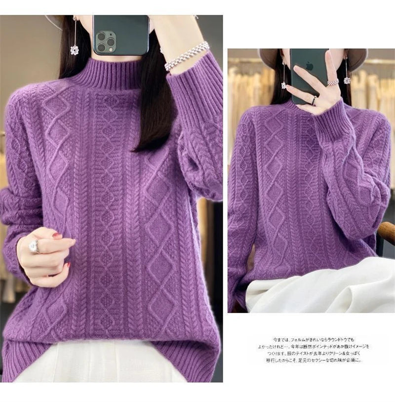 Korean Style Women’s Sweater – 100% Merino Wool Turtleneck Top