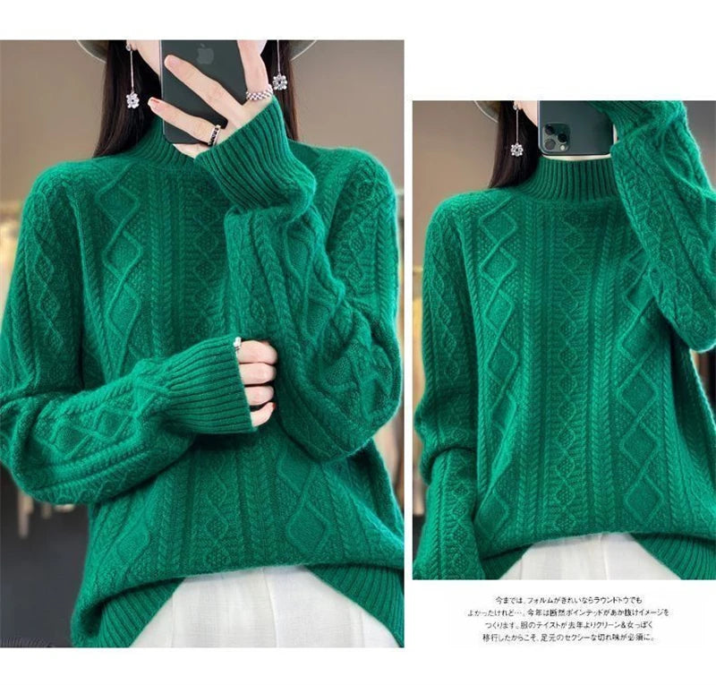 Korean Style Women’s Sweater – 100% Merino Wool Turtleneck Top