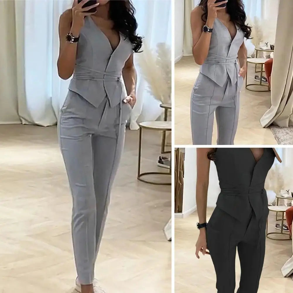 Office Lady 2 Pcs Set – Sleeveless Waistcoat & Straight Pants with Tie Belt