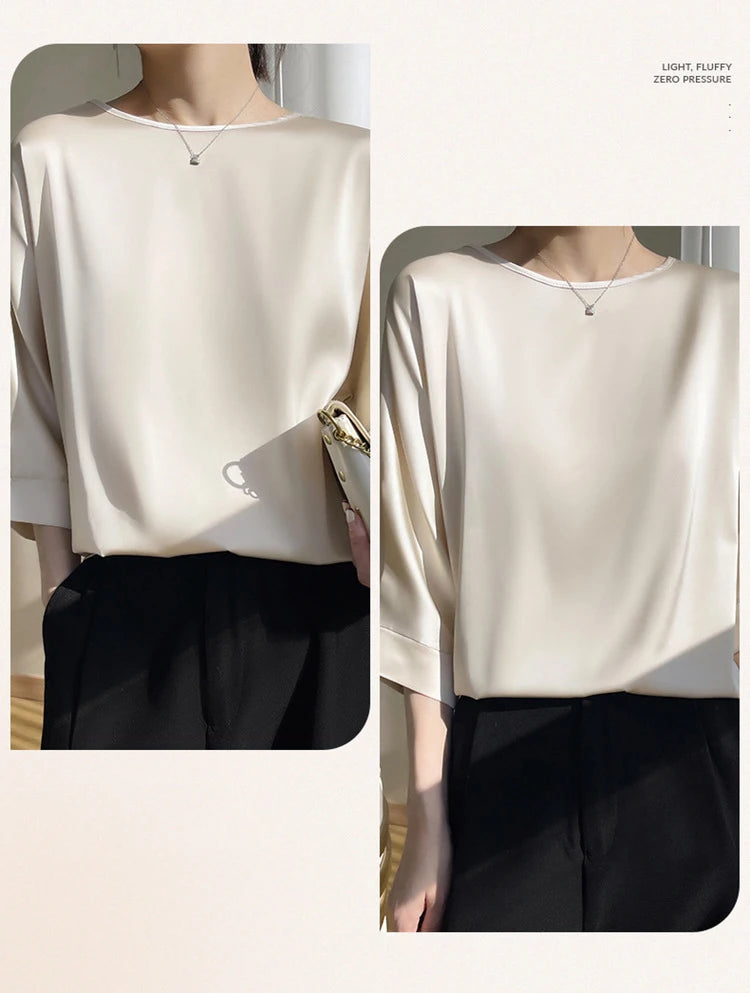Elegant & Lightweight – Women’s Satin Silk Half-Sleeve Tee 2025