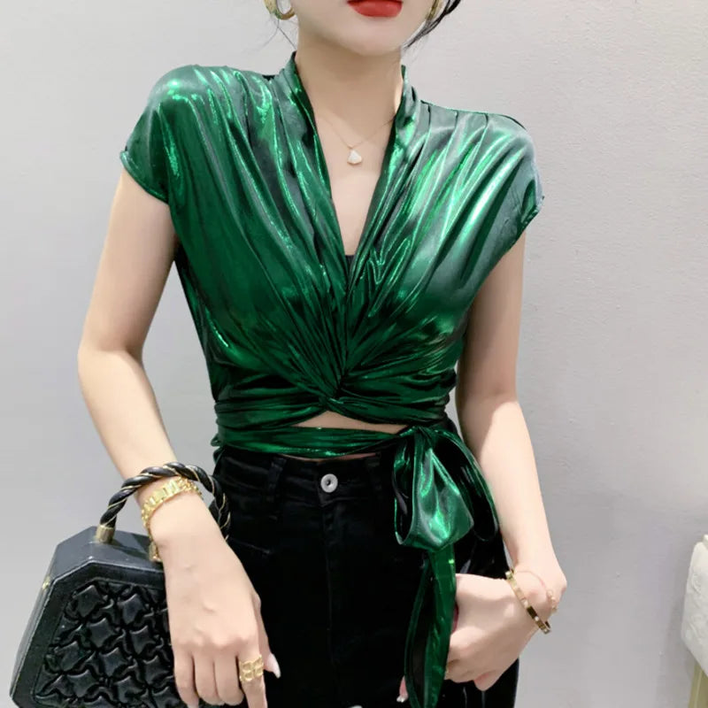 Shine & Chic – Metallic Short Sleeve Wrap Top for Women