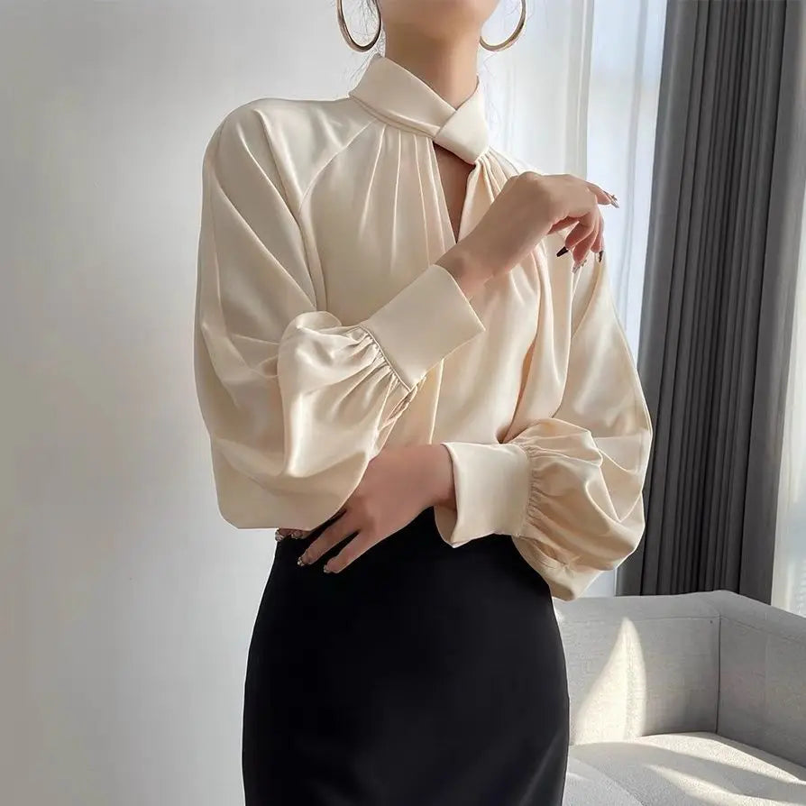 Fashion Spring Blouse – Hollow Puff Sleeve Solid Color Women’s Top