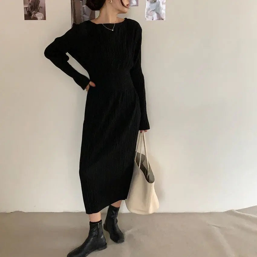 Elegant Women’s Dress – Korean Chic Long Sleeve Pleated Skirt Dress