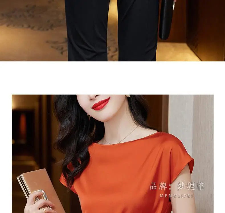 Chic Summer Top – Women’s Short Sleeve Satin Chiffon Blouse