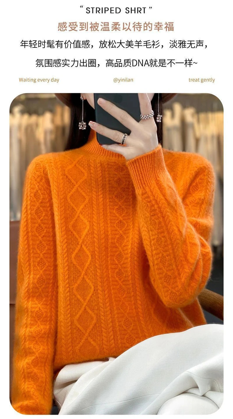 Korean Style Women’s Sweater – 100% Merino Wool Turtleneck Top
