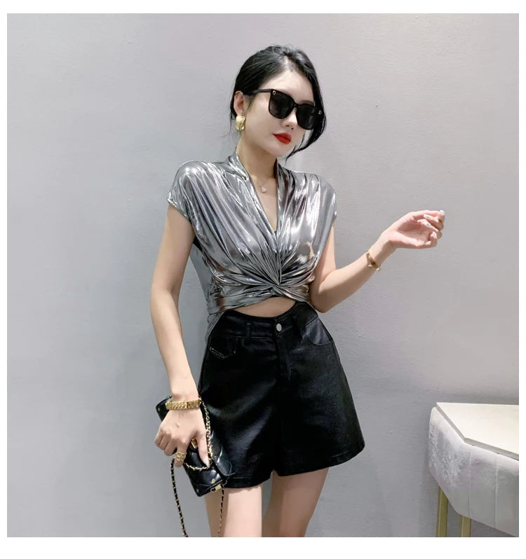 Shine & Chic – Metallic Short Sleeve Wrap Top for Women