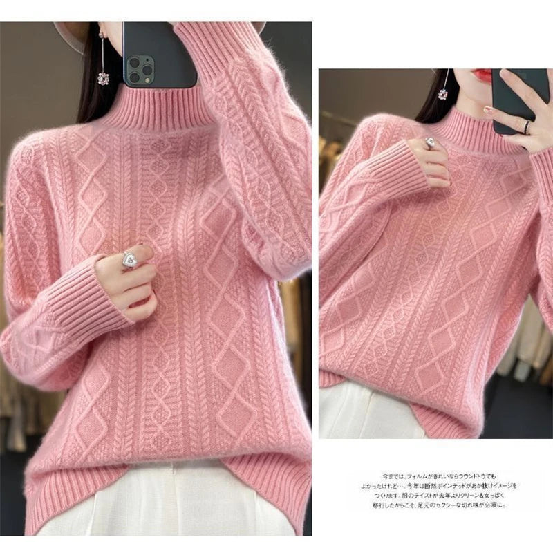 Korean Style Women’s Sweater – 100% Merino Wool Turtleneck Top