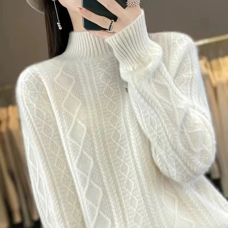Korean Style Women’s Sweater – 100% Merino Wool Turtleneck Top