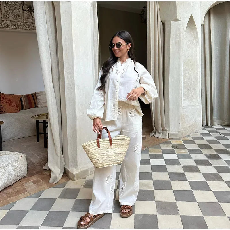 Women’s 2-Piece Suit – Elegant Long Sleeve Shirt & Wide Leg Pants