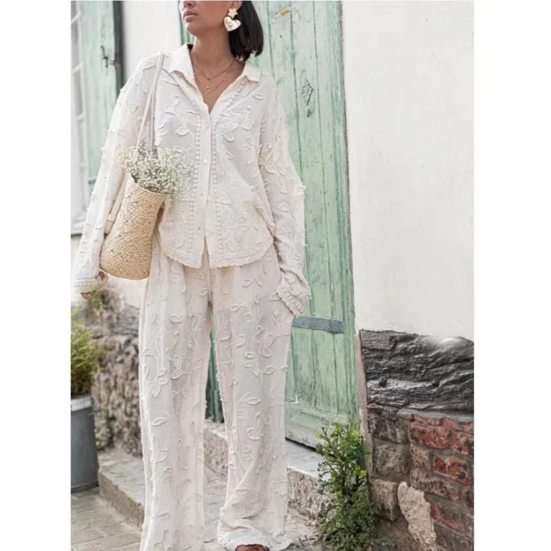 Women’s 2-Piece Suit – Elegant Long Sleeve Shirt & Wide Leg Pants