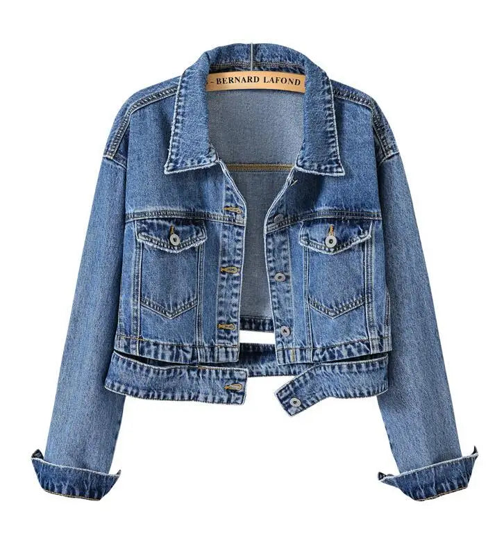 Short Denim Jacket for Women – Black Lapel Long Sleeve Fashion Coat