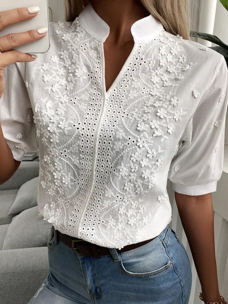 Limited Edition – Hollow-Out V-Neck Cotton Top for Women