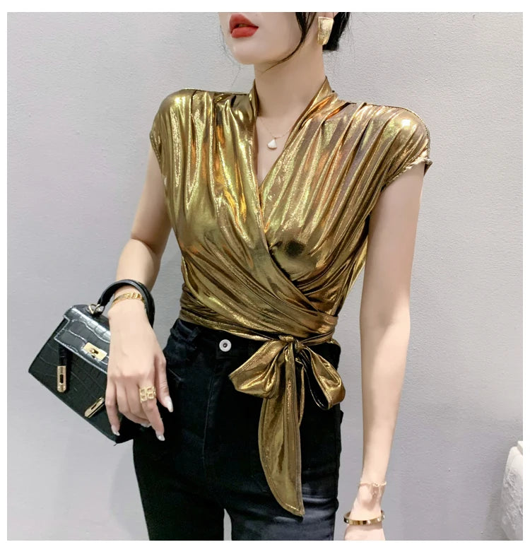 Shine & Chic – Metallic Short Sleeve Wrap Top for Women