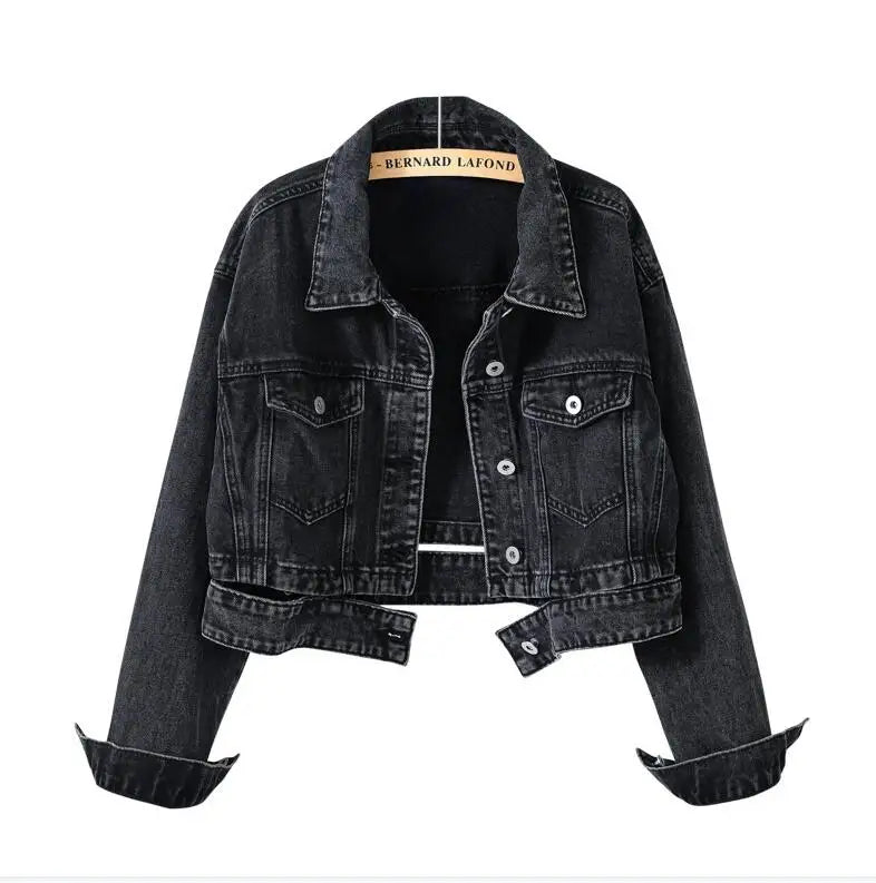 Short Denim Jacket for Women – Black Lapel Long Sleeve Fashion Coat
