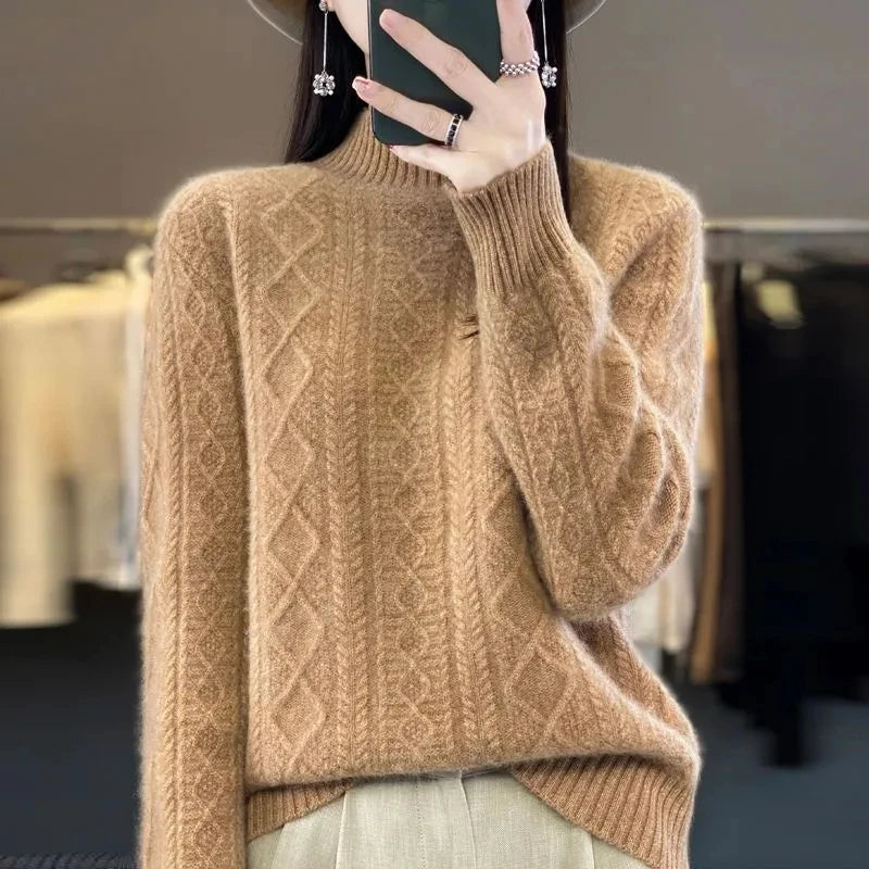 Korean Style Women’s Sweater – 100% Merino Wool Turtleneck Top
