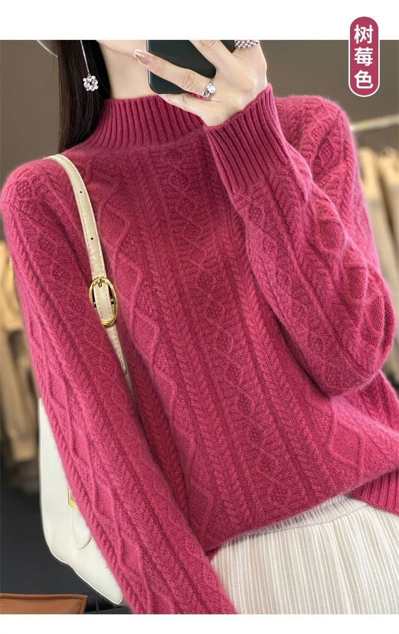 Korean Style Women’s Sweater – 100% Merino Wool Turtleneck Top