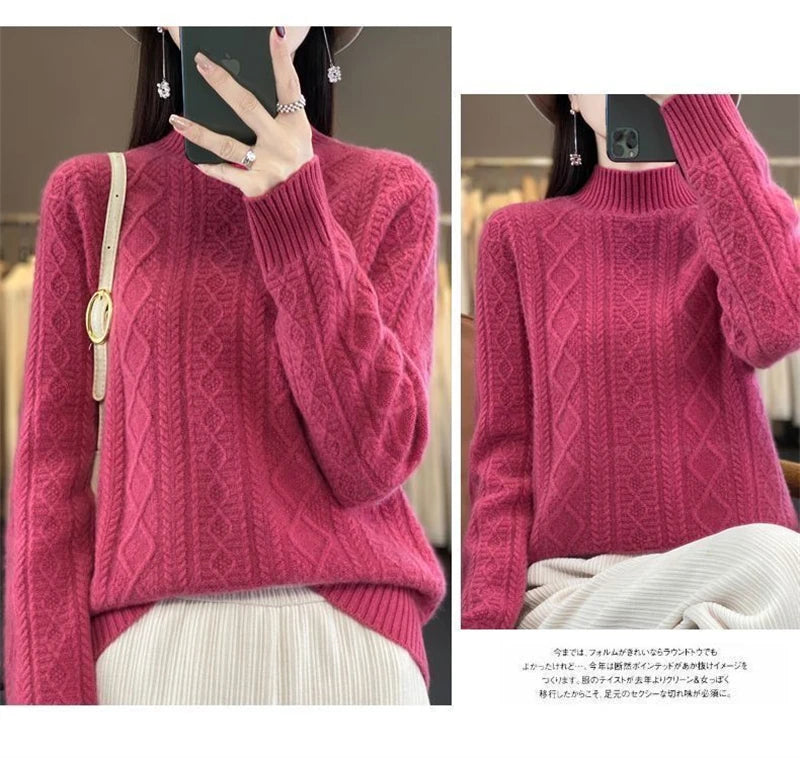 Korean Style Women’s Sweater – 100% Merino Wool Turtleneck Top