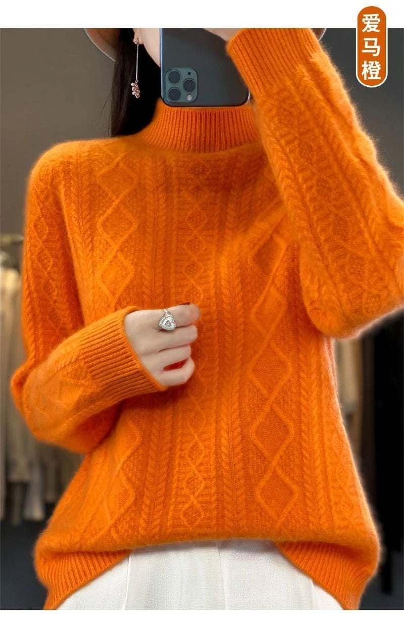 Korean Style Women’s Sweater – 100% Merino Wool Turtleneck Top