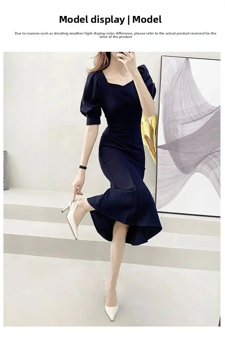 Chic Women’s Ball Gown – Square Collar Puffy Sleeve Fish Tail Dress