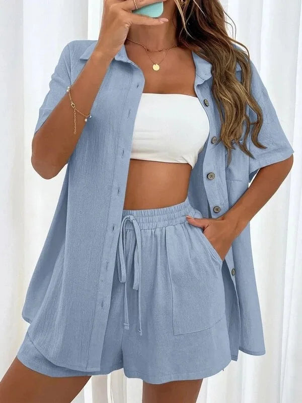 Fashionable Women’s 2-Piece Set – Single-Breasted Top & Wide Shorts
