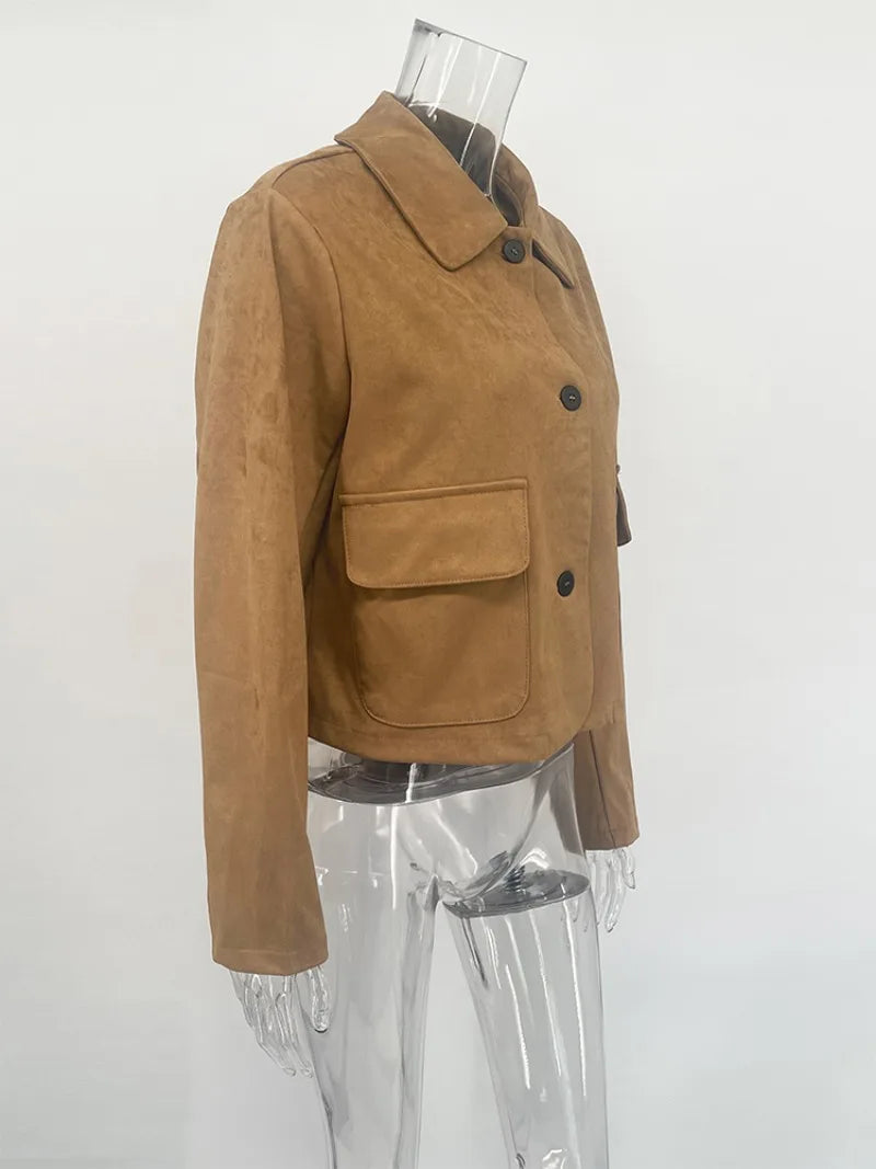 Women’s Casual Suede Jacket – Long Sleeve Solid Lapel Autumn Coat