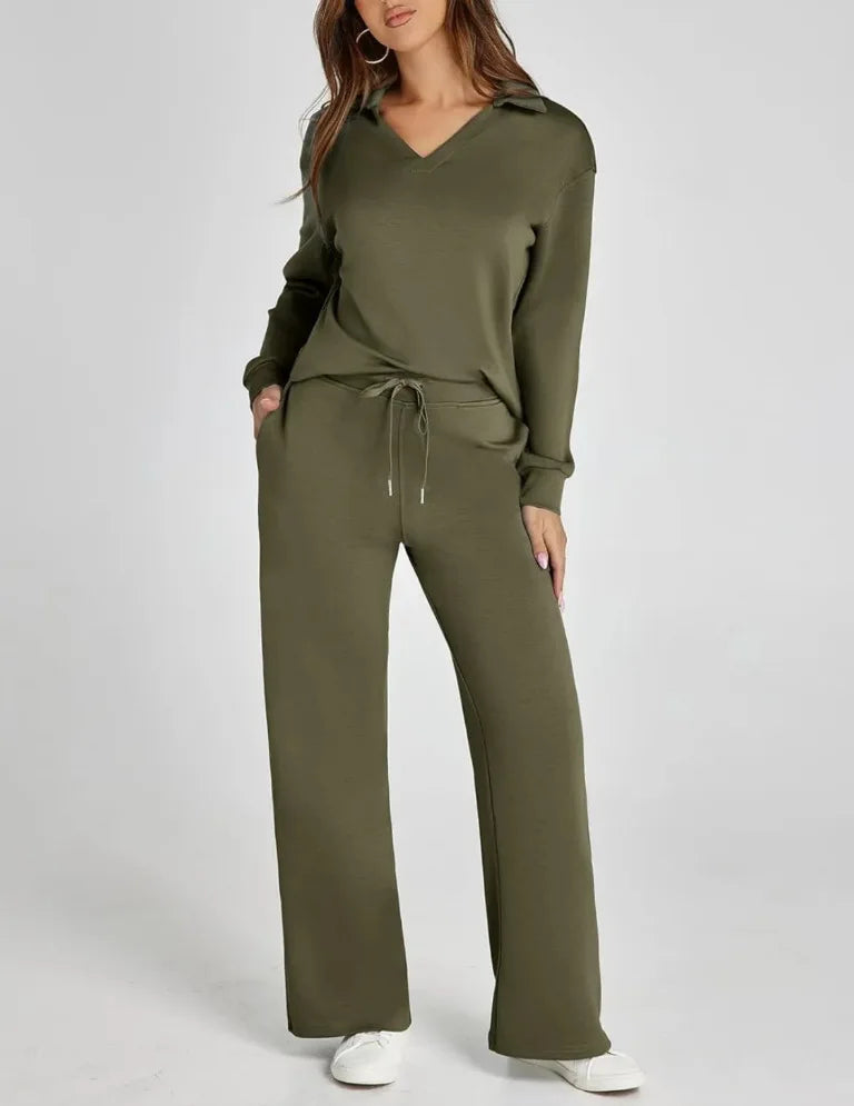 Spring Women’s Outfit – Loose V-Neck Top with Drawstring + Flared Trousers