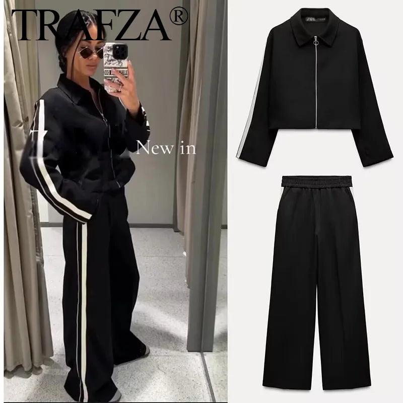 TRAFZA Vintage Women’s Outfit – Short Black Jacket & Black White Patchwork Pants
