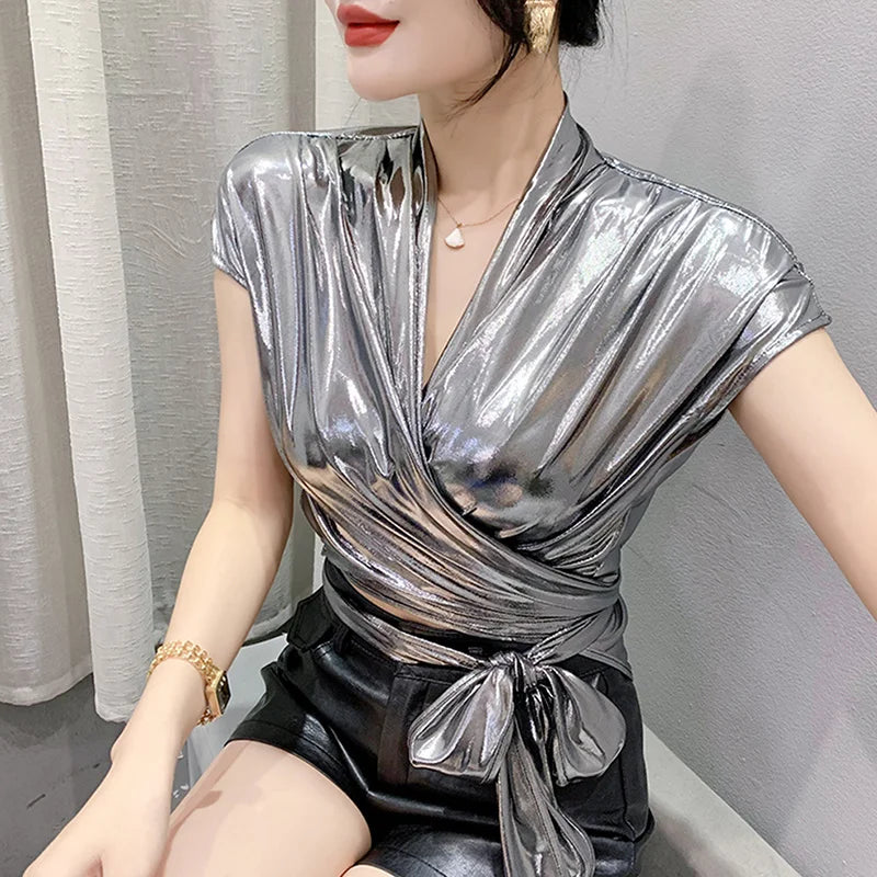 Shine & Chic – Metallic Short Sleeve Wrap Top for Women