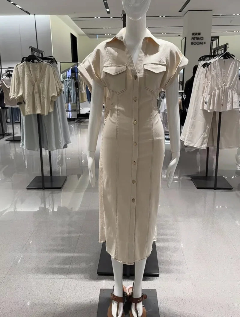 Fashionable Women’s Midi Dress – Lapel Denim Slim Waist Dress