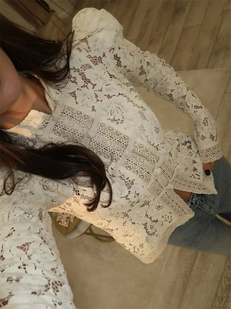 Fashion Commute Top – Hollow Out Lace See-Through Shirt