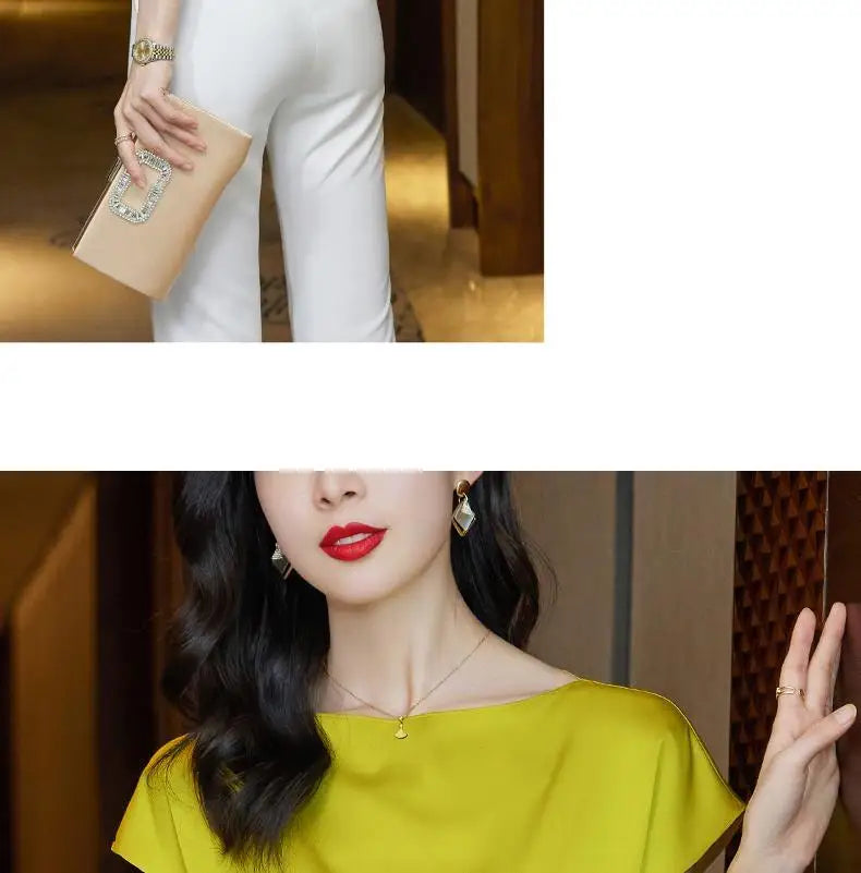 Chic Summer Top – Women’s Short Sleeve Satin Chiffon Blouse