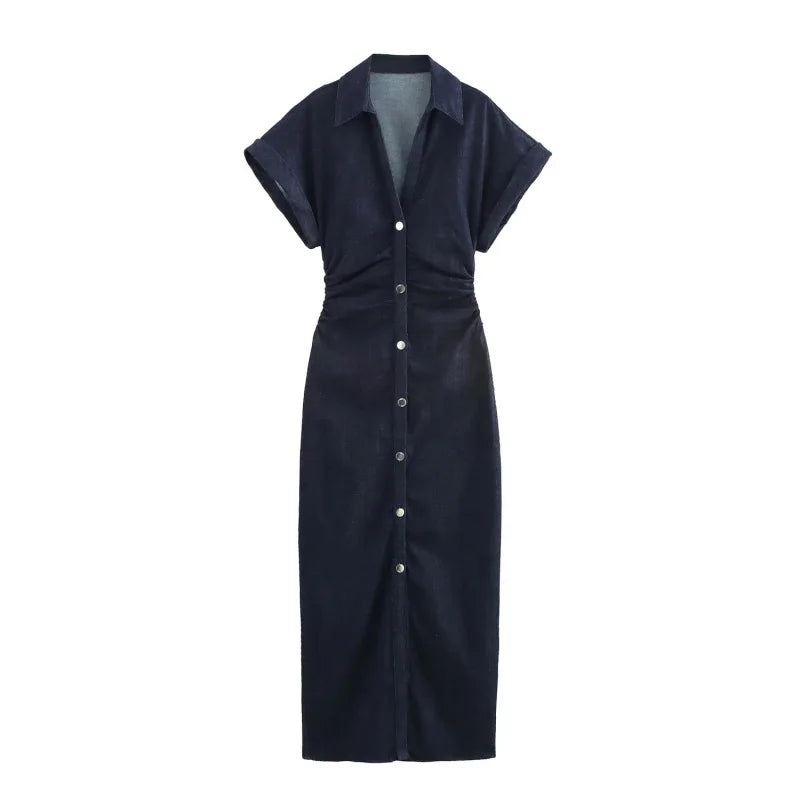 Fashionable Women’s Midi Dress – Lapel Denim Slim Waist Dress