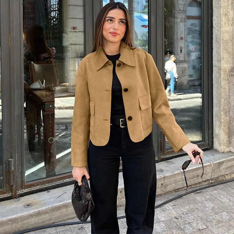Women’s Casual Suede Jacket – Long Sleeve Solid Lapel Autumn Coat