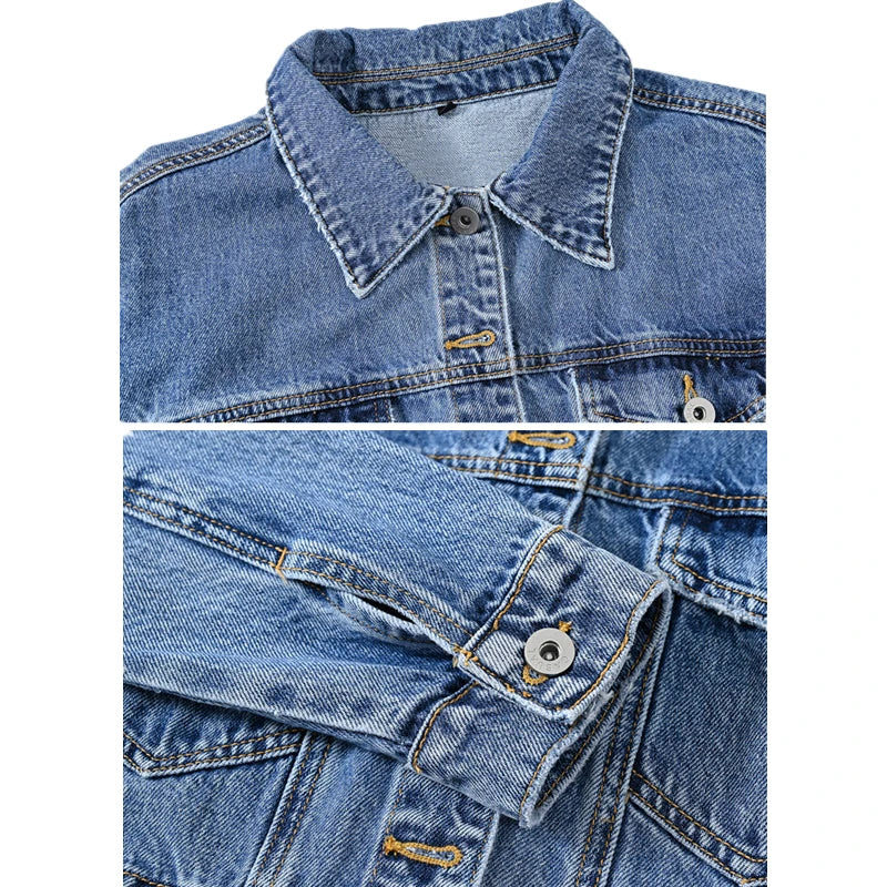 Short Denim Jacket for Women – Black Lapel Long Sleeve Fashion Coat