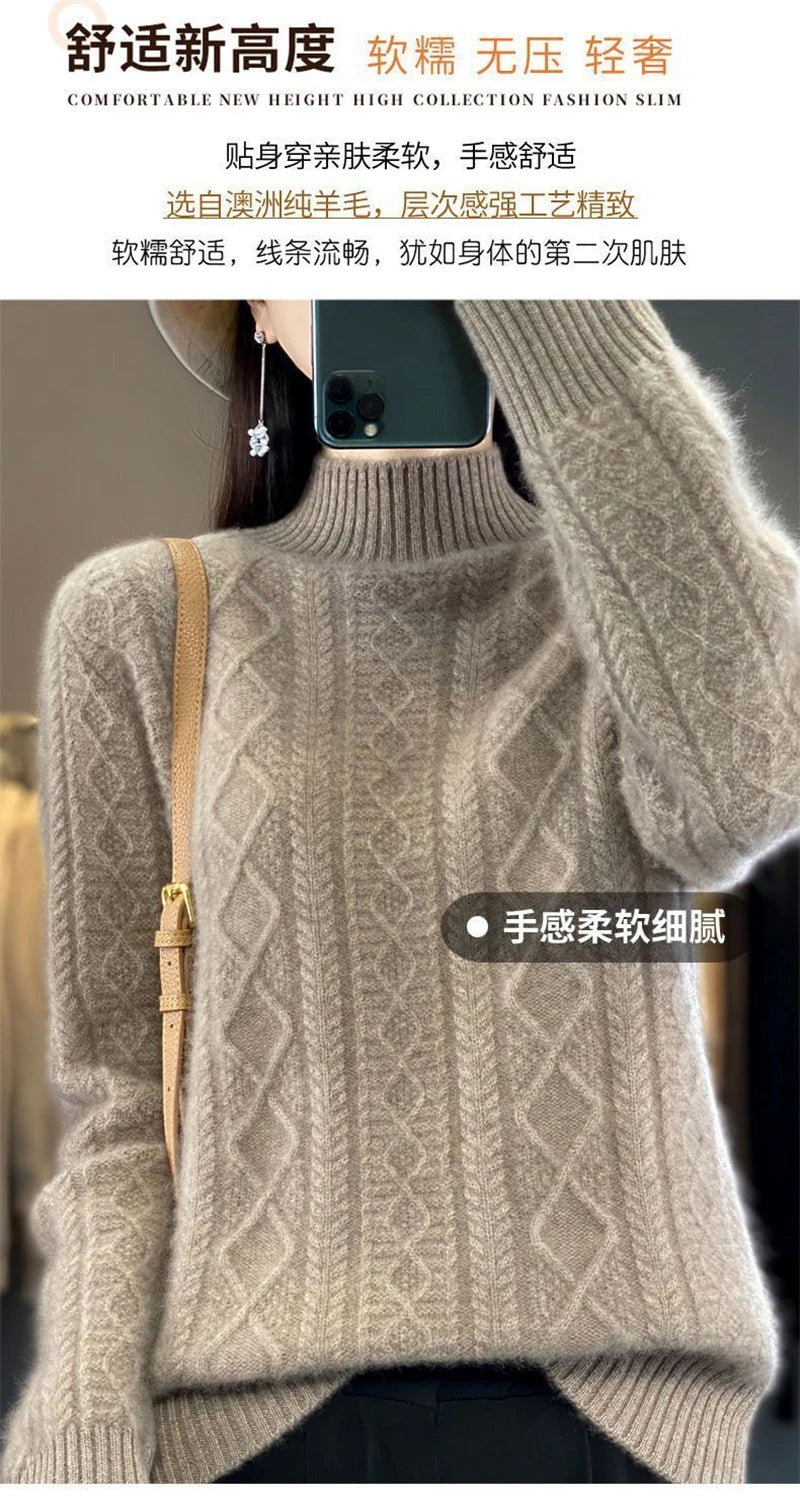 Korean Style Women’s Sweater – 100% Merino Wool Turtleneck Top