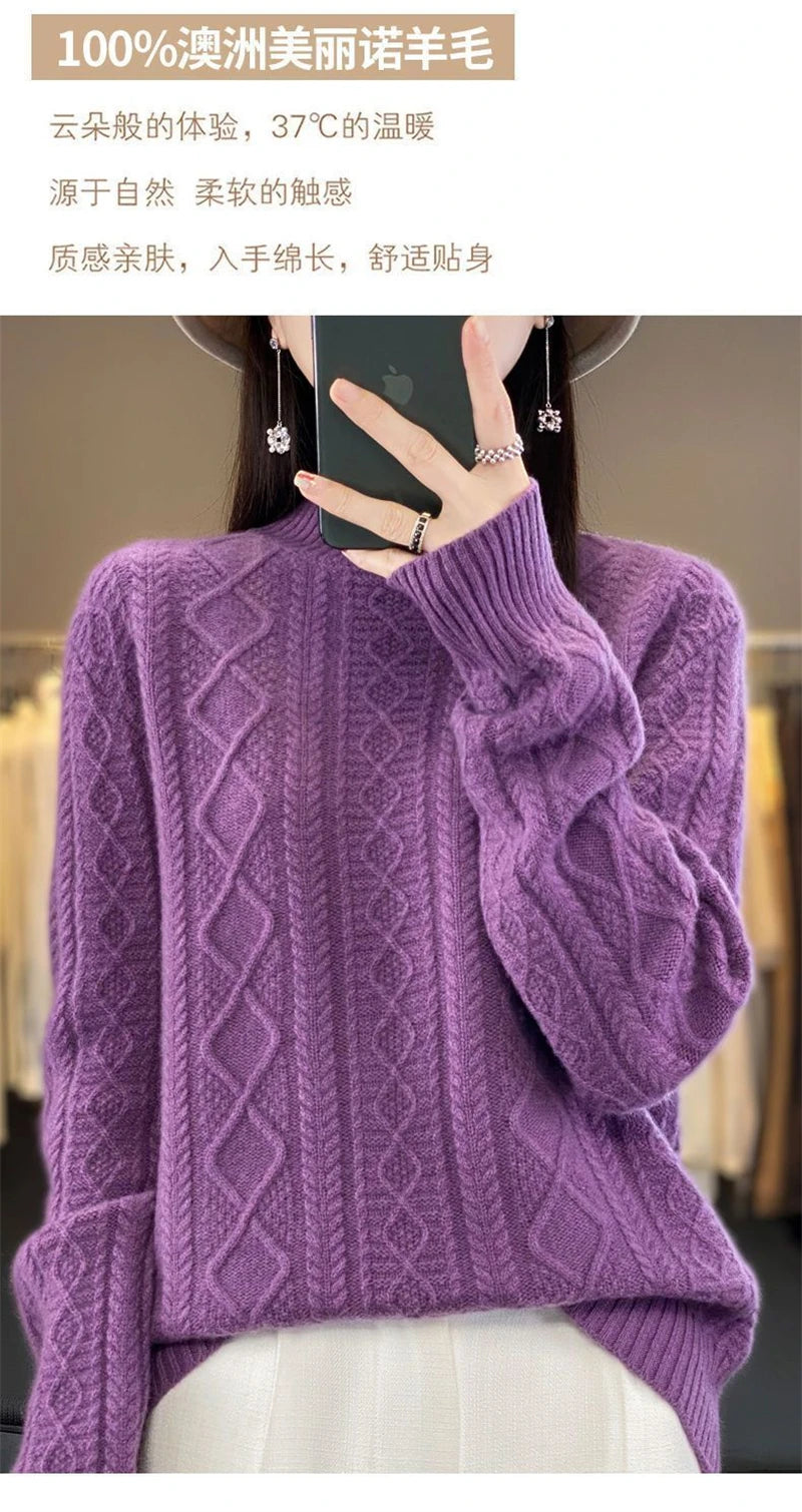Korean Style Women’s Sweater – 100% Merino Wool Turtleneck Top
