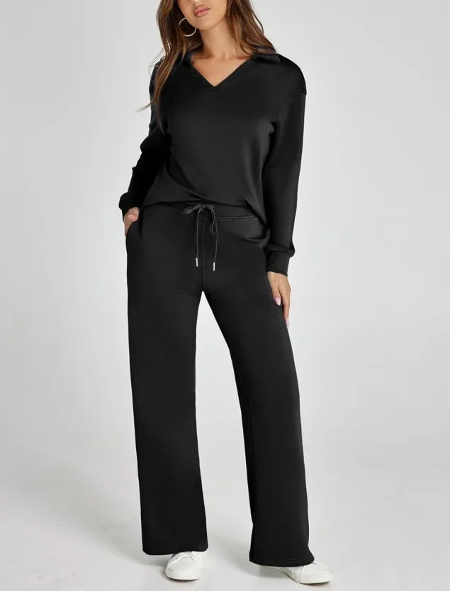 Spring Women’s Outfit – Loose V-Neck Top with Drawstring + Flared Trousers