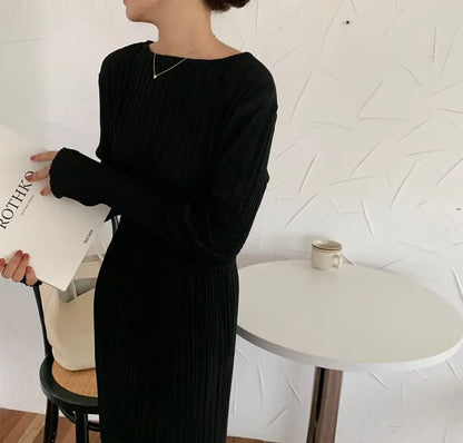 Elegant Women’s Dress – Korean Chic Long Sleeve Pleated Skirt Dress