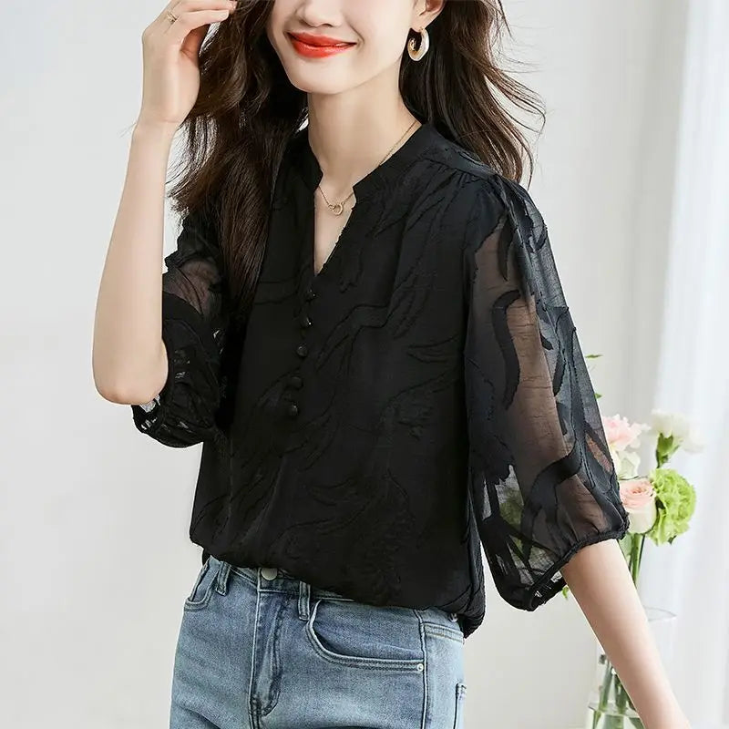 Women’s Stylish Summer Tee – Buttoned Solid Chiffon Pullover