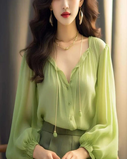 Trendy Women’s Chiffon Top – Korean Style Slim Fit Long Sleeve