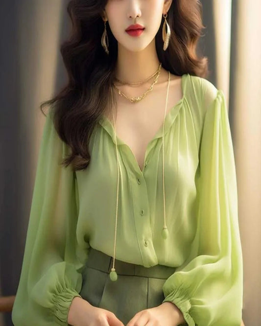 Trendy Women’s Chiffon Top – Korean Style Slim Fit Long Sleeve