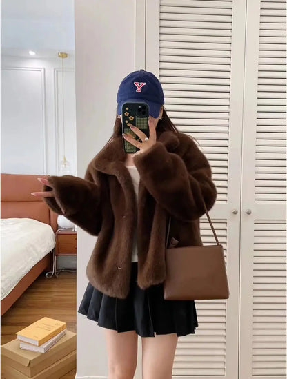Golden Mink Lined Faux Fur Coat – Short Stand Collar Winter Jacket