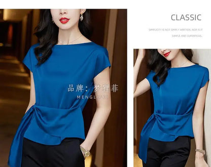 Chic Summer Top – Women’s Short Sleeve Satin Chiffon Blouse