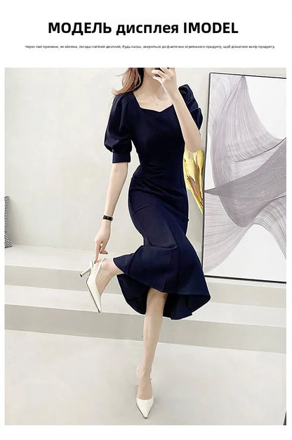 Fashionable Summer Dress – Slim Fit Square Collar Bubble Sleeve