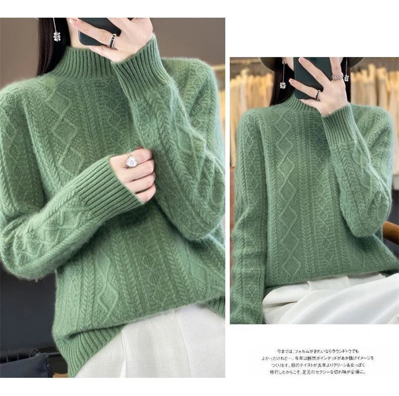 Korean Style Women’s Sweater – 100% Merino Wool Turtleneck Top