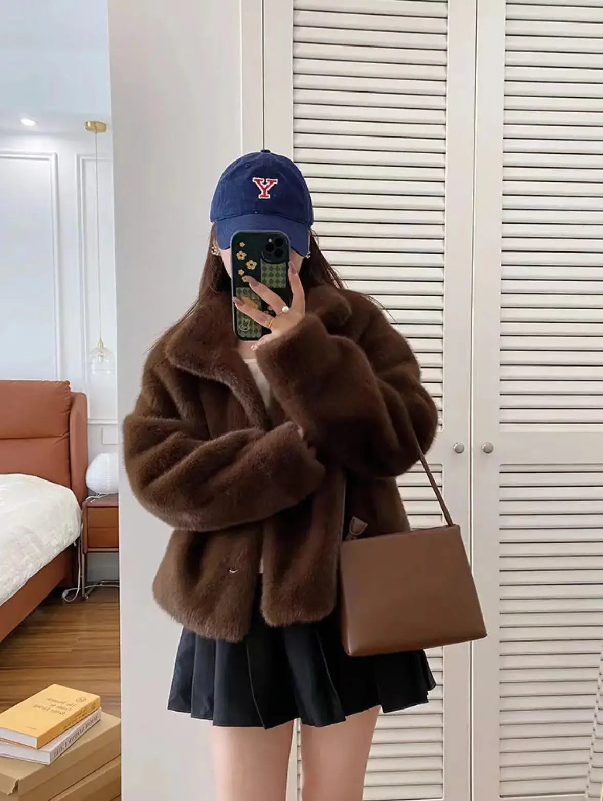 Golden Mink Lined Faux Fur Coat – Short Stand Collar Winter Jacket